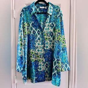 Susan Graver Blue and Green Multi Patterned Blouse
